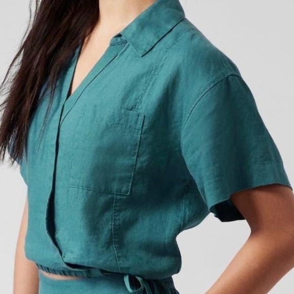 Athleta Playa Tie Front Linen Crop Top Teal Blue XXS - Picture 2 of 11